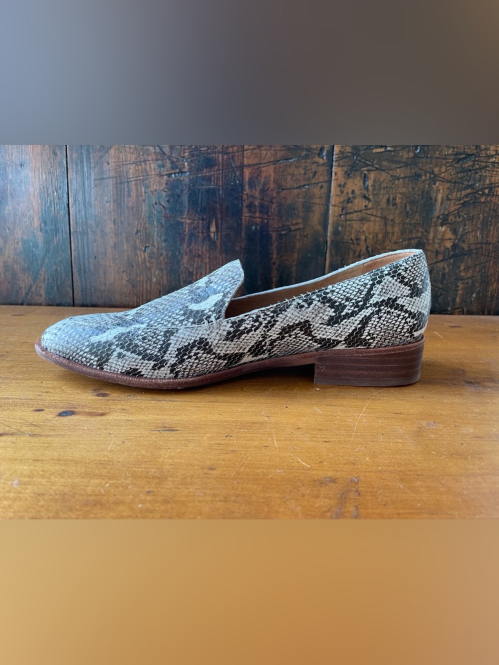 MADEWELL FRANCES LOAFER SNAKESKIN 8.5 SNAKE BLACK WHITE LEATHER MULE SKIMMER - Picture 2 of 11